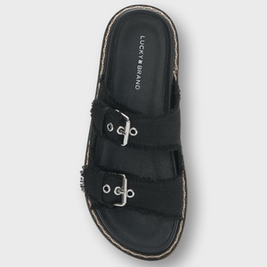 NWOB Lucky Brand Denim Alffie Slide Sandal Flat Size 8.5 Black Silver Buckles